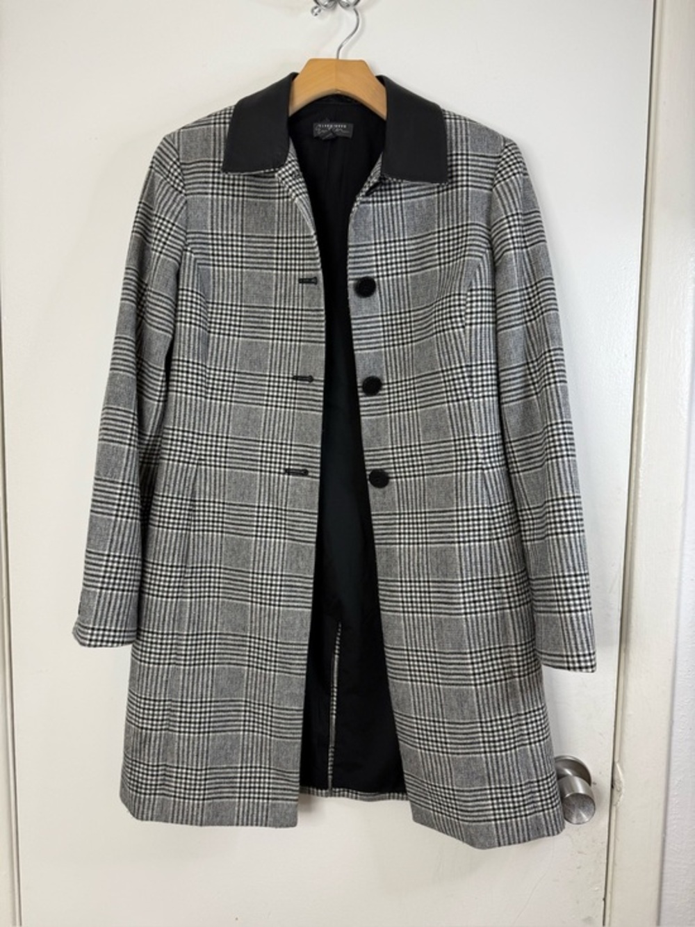 Classiques Entier genuine leather, wool blend black, white, plaid coat. 4